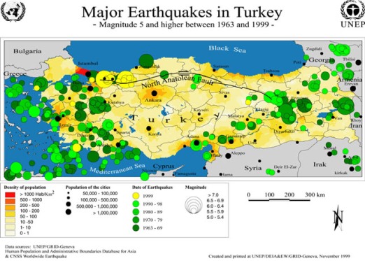 Карта мест землятресений в Турции